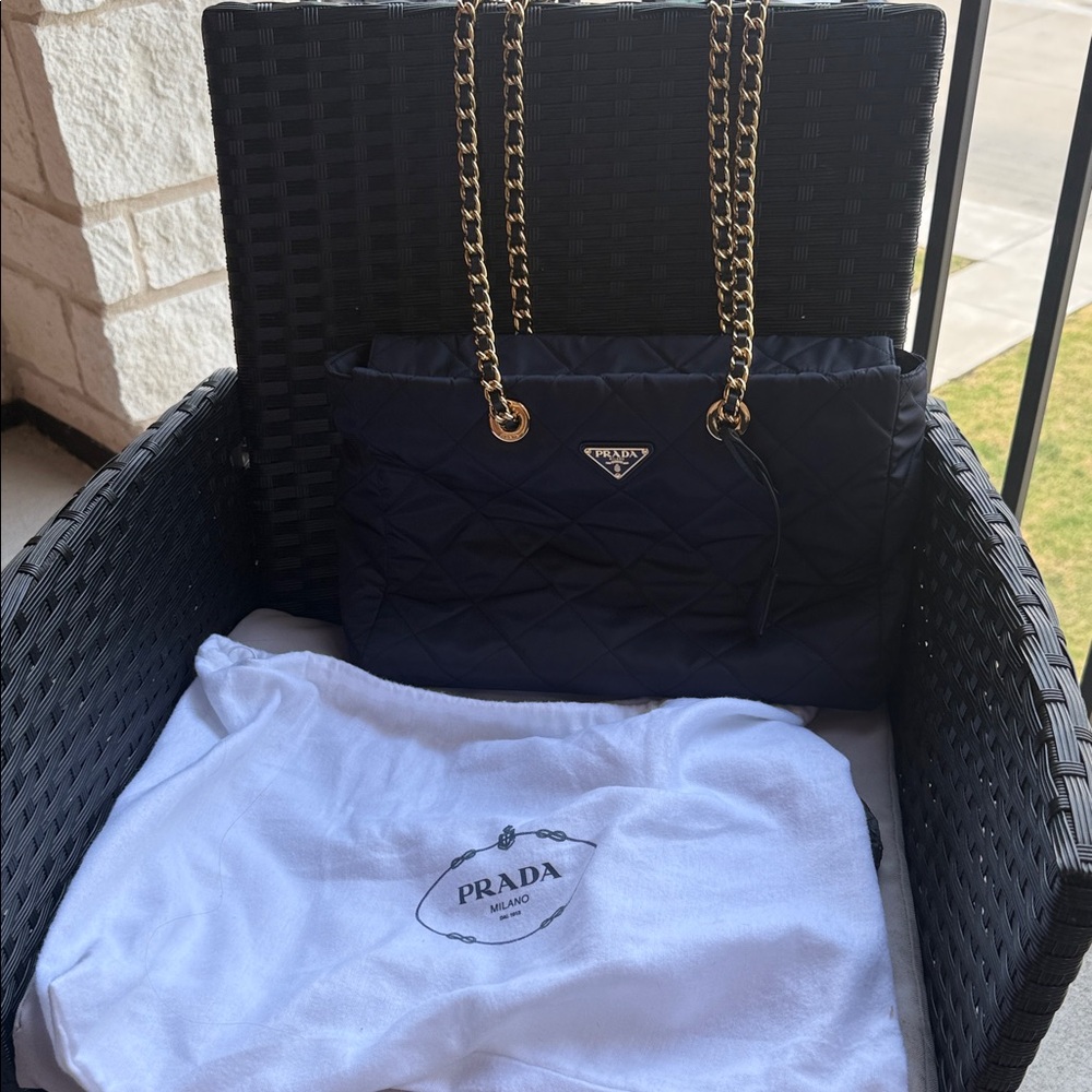 Prada Quilted Shoulder Bag with Gold Chain in dark navy color